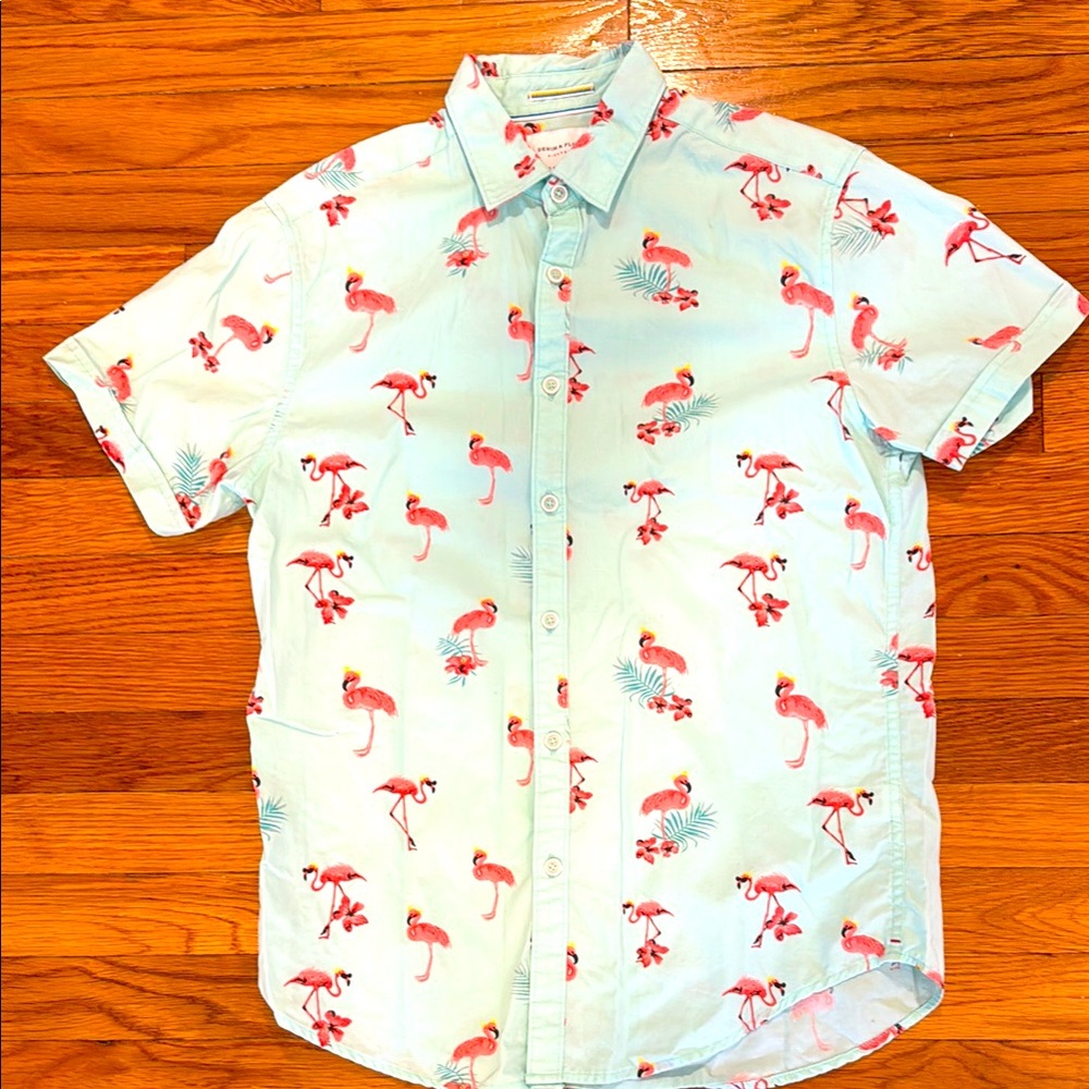 Denim & Flower Light Green Flamingo Pattern Button Down Shirt Slim Fit, Small